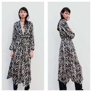 Zara Woman Satin Effect Animal Print Midi Dress Small Long Sleeve 9878/081